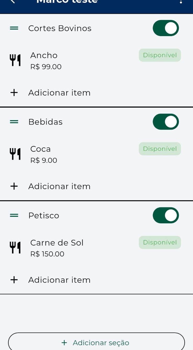 Tela de cardápio no KitHub