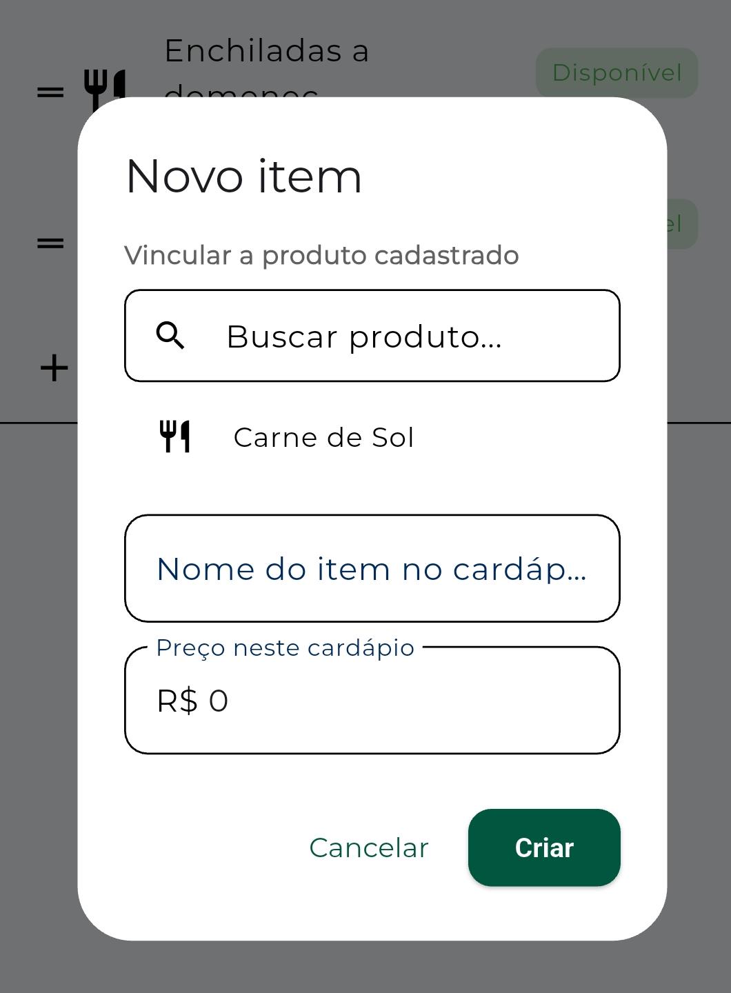 Tela de cardápio digital no KitHub