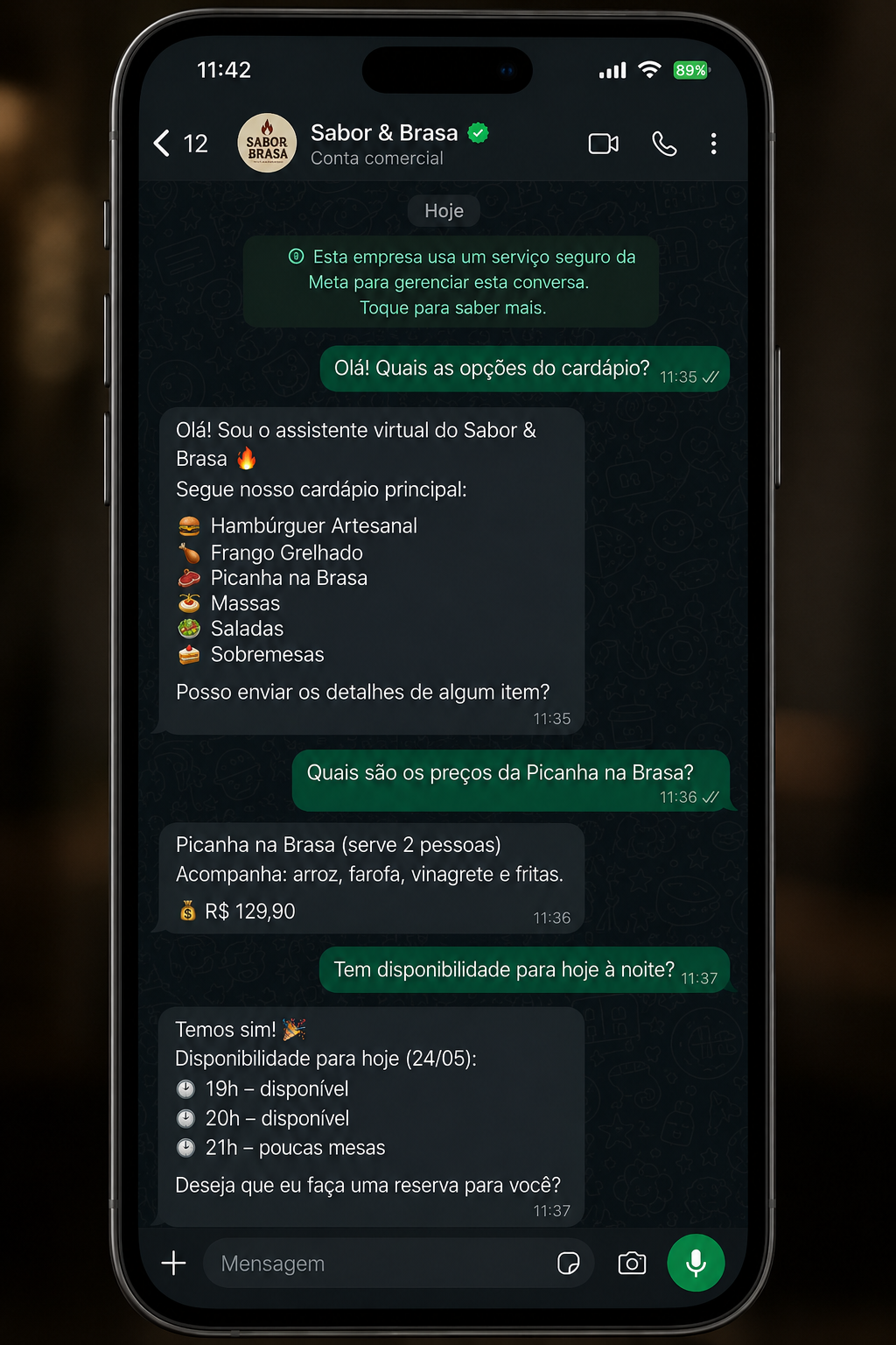 Atendimento por IA respondendo dúvidas sobre o cardápio no WhatsApp