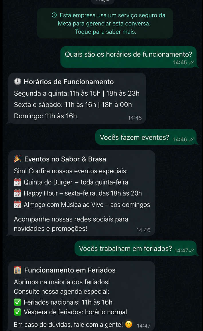 Atendimento por IA informando horário de funcionamento no WhatsApp